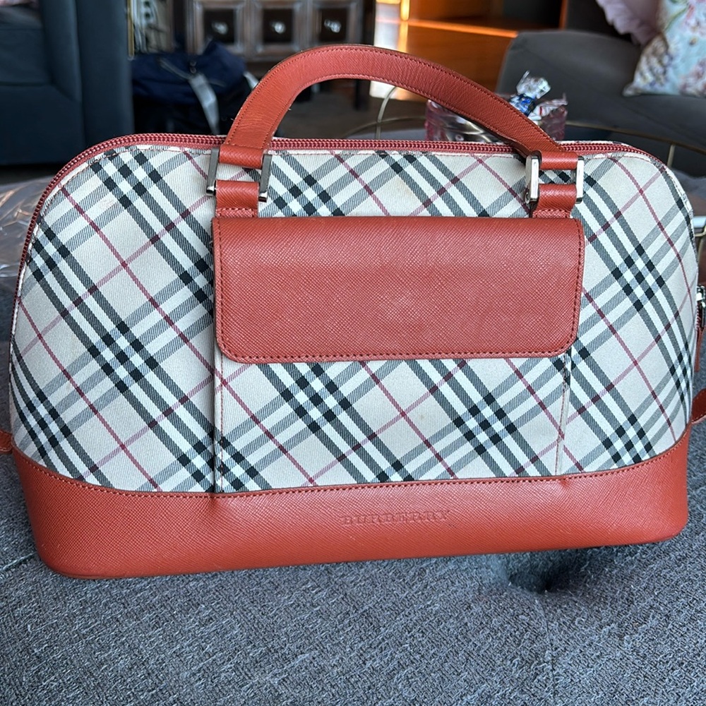 BURBERRY Nova Check Hand Bag purse Canvas Beige Orange Silver Auth
